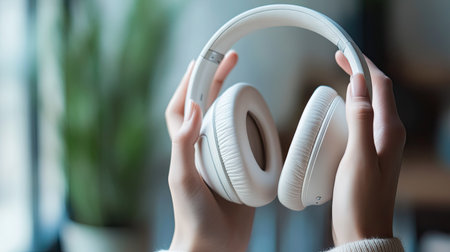 A serene image showcasing hands gently holding white headphones against a blurred indoor backdrop featuring a green plant, symbolizing comfort and modern lifestyle choices.の素材