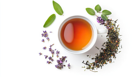 Delight in the serene beauty of herbal tea presented in a white cup, surrounded by aromatic leaves and dried flowers, evoking tranquility and wellness.の素材