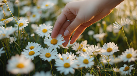 A delicate hand gently touches a daisy flower in a vibrant field filled with blooming daisies, capturing the essence of nature's beauty and tranquility.の素材