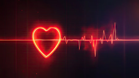 Engaging visual of a neon heart symbol alongside a pulse waveform, set against a dark backdrop, embodying essence of love, vitality, and vibrant energy.の素材