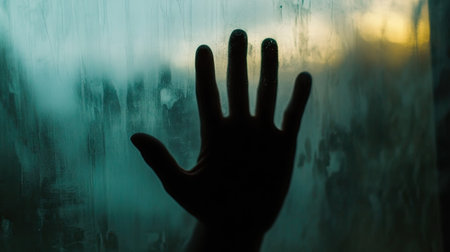 A poignant silhouette of a hand pressed against a frosted window, evoking feelings of isolation and longing as soft evening light creates a serene atmosphere.の素材