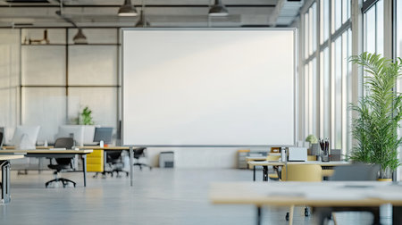 A bright and modern office space featuring a blank whiteboard, stylish furniture, and ample natural light, creating an ideal environment for creativity and productivity.の素材