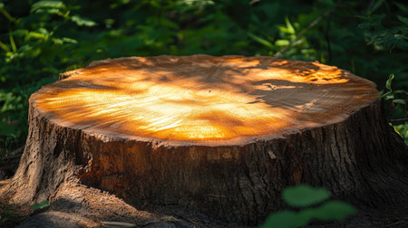 A beautifully captured tree stump in a serene forest setting, illuminated by soft sunlight. The intricate wood patterns showcase nature's artistry in a lush environment.の素材