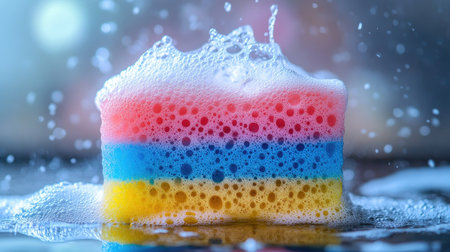 A vibrant dishwashing sponge, half-dipped in water, with soap suds covering its surface.の素材