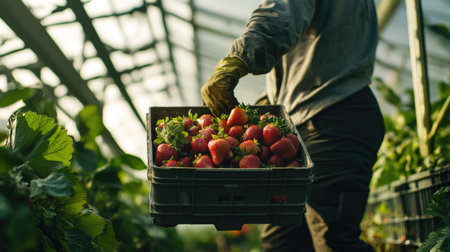 A worker carrying a crate of freshly harvested strawberries inside a greenhouse.の素材