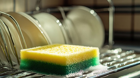 A vibrant green and yellow dishwashing sponge next to a dish rack full of clean dishes.の素材