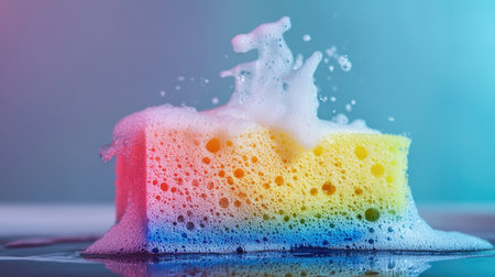 A vibrant dishwashing sponge, half-dipped in water, with soap suds covering its surface.の素材