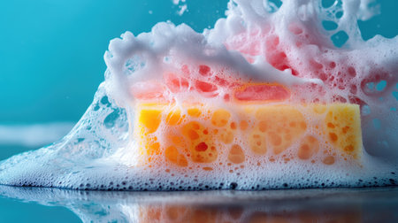 A vibrant close-up of a sponge being squeezed, with soapy water streaming out dramatically.の素材