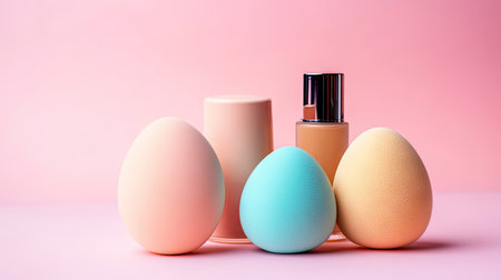 Egg-shaped makeup sponges and foundation bottles arranged artfully on a pink gradient background.の素材