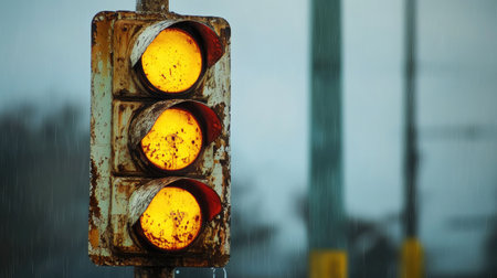 A weathered traffic light with peeling paint showing yellow, against a backdrop of a soft rain-filled sky.の素材
