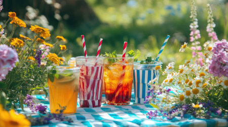 A vibrant outdoor picnic table with eco-friendly striped paper straws in various drinks, surrounded by flowers.の素材