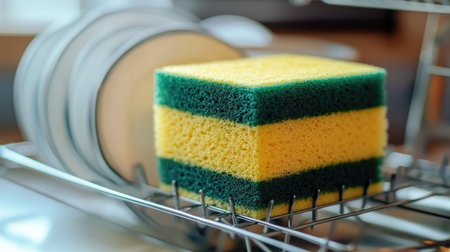 A vibrant green and yellow dishwashing sponge next to a dish rack full of clean dishes.の素材