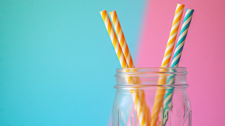 Striped paper straws in a mason jar against a pastel-colored backdrop, emphasizing simplicity and eco-friendliness.の素材