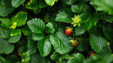 Close-up of a bee pollinating a strawberry flower among lush green leaves in a greenhouse.の素材