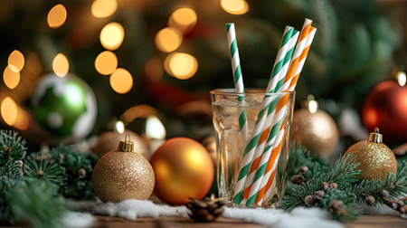 Eco-friendly striped paper straws in a festive drink setup, with holiday ornaments and sustainable decorations.の素材