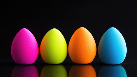 Egg-shaped makeup sponges in bold neon colors displayed against a stark black background for contrast.の素材
