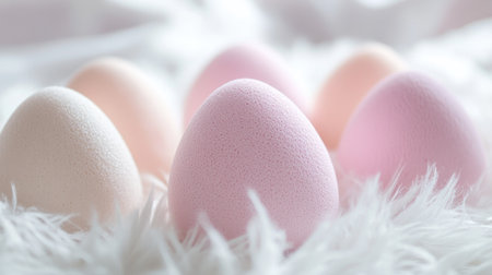 Egg-shaped makeup sponges placed on a fluffy white towel, giving a clean and fresh appearance.の素材