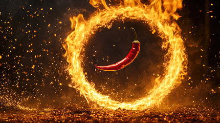 A dynamic shot of a red hot chili pepper being tossed through a ring of fire, action frozen in mid-airの素材