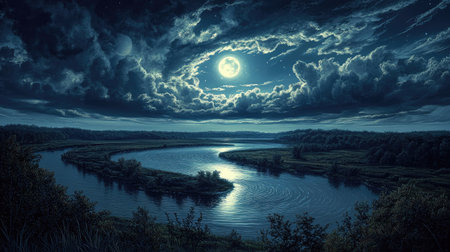 Winding river under a cloudy night sky, moonlight illuminating parts of the landscape and clouds shifting to create depth.の素材
