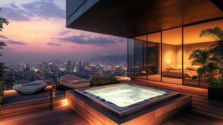 A hot tub built into a modern terrace, with cityscape views at duskの素材