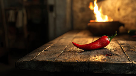 A flaming red hot chili pepper resting on a rustic wooden table, the fire illuminating the sceneの素材