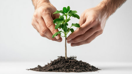 A pair of hands gently nurturing a small green plant growing in dark, rich soil, representing the importance of care and sustainability for future generations.の素材
