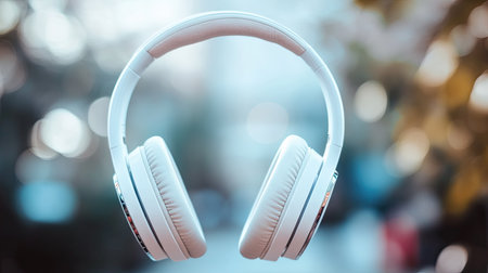 A stylish pair of white wireless headphones suspended in mid-air, showcasing modern design and technology against a soft, blurred outdoor setting ideal for music lovers.の素材