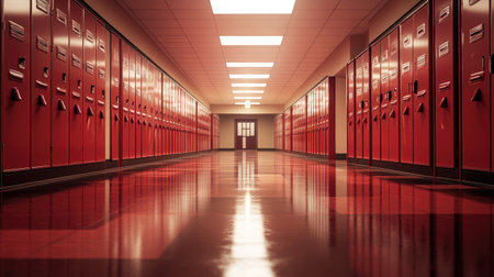 This image depicts a vibrant school hallway featuring rows of red lockers and a polished floor reflecting overhead lights, creating an inviting educational atmosphere.の素材