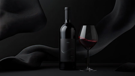 A modern wine bottle with a minimalist label next to a swirling glass of red wine, elegantly framed by blackの素材