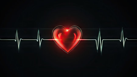 This striking image features a glowing red heart intertwined with a heartbeat line against a dark backdrop, representing love, life, and health in a dynamic visual style.の素材