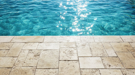 A picturesque poolside view showcasing sparkling clear water catching sunlight, surrounded by beautifully laid tiles, perfect for relaxation and leisure activities.の素材