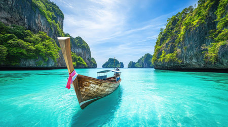 A boat anchored in a serene blue bay surrounded by crystal-clear waters and a scenic natural landscapeの素材