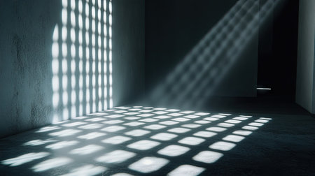 A serene room where sunlight filters through window grilles, casting intricate patterns of shadows on the textured walls and floor, evoking tranquility.の素材