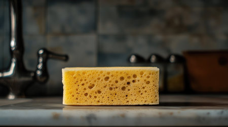 A worn-out dishwashing sponge with visible wear and tear, placed on a kitchen sink.の素材