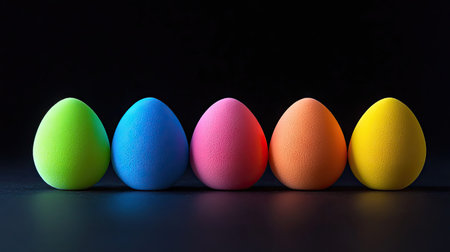 Egg-shaped makeup sponges in bold neon colors displayed against a stark black background for contrast.の素材