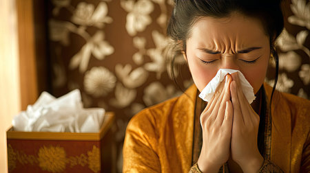 A woman holding a tissue to her nose while sneezing and sitting beside a box of tissues in her bedroom.の素材