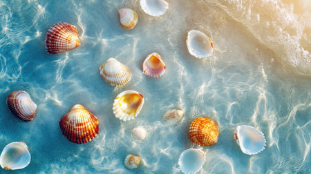 A captivating aerial view of colorful seashells scattered on a clear water surface. The gentle waves and sunlight create a tranquil coastal atmosphere perfect for relaxation.の素材
