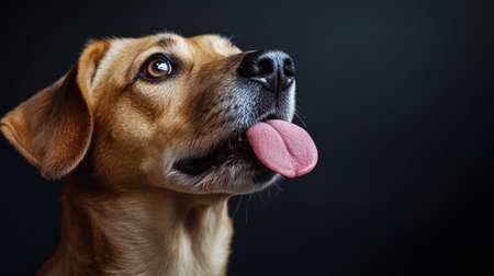 This image features a close-up portrait of a happy dog with its tongue out, showcasing the animal's fluffy fur and expressive eyes in a dark setting.の素材