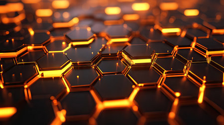 A captivating abstract image featuring a network of glowing orange hexagons on a dark background, perfect for technology, design, and artistic projects.の素材