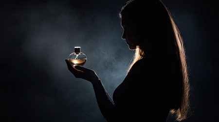 A mysterious woman in silhouette holding a perfume bottle, with the bottle illuminated against a dark backgroundの素材