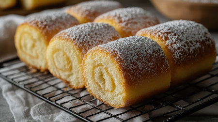Freshly baked sponge cake rolls cooling on a wire rack, with a light dusting of powdered sugar.の素材