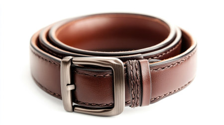 This stylish brown leather belt features a sleek metal buckle, making it an ideal accessory for any outfit, blending elegance with everyday practicality.の素材