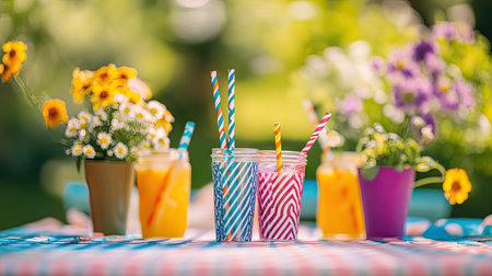 A vibrant outdoor picnic table with eco-friendly striped paper straws in various drinks, surrounded by flowers.の素材