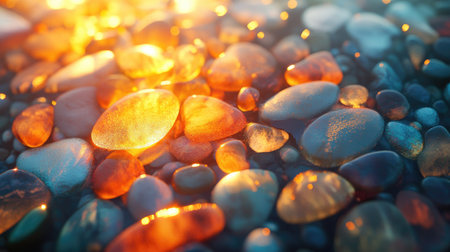 Smooth, multicolored sea pebbles illuminated by golden sunlight, creating a warm and inviting texture.の素材