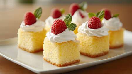 Slices of sponge cake roll served with a dollop of whipped cream and fresh raspberries.の素材