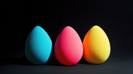 Egg-shaped makeup sponges in bold neon colors displayed against a stark black background for contrast.の素材