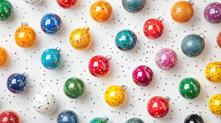 A vibrant collection of colorful ornament balls arranged in a festive pattern on a sparkling white background.の素材