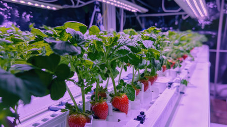 Strawberries ripening in a hydroponic setup inside a high-tech greenhouse, with water lines visible.の素材