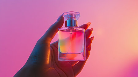 A close-up of a perfume bottle in a woman's hand, with soft pastel tones creating a dreamy aestheticの素材