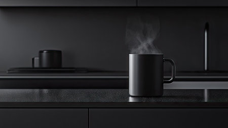 A close-up of a steaming black coffee mug on a sleek black counter, with faint reflections and warm steam visibleの素材